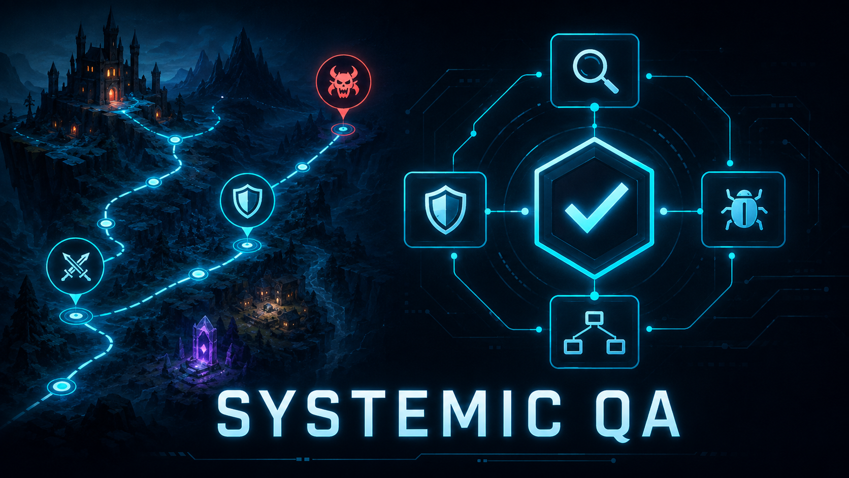Systemic QA methodology illustration showing test strategy, coverage and risk analysis